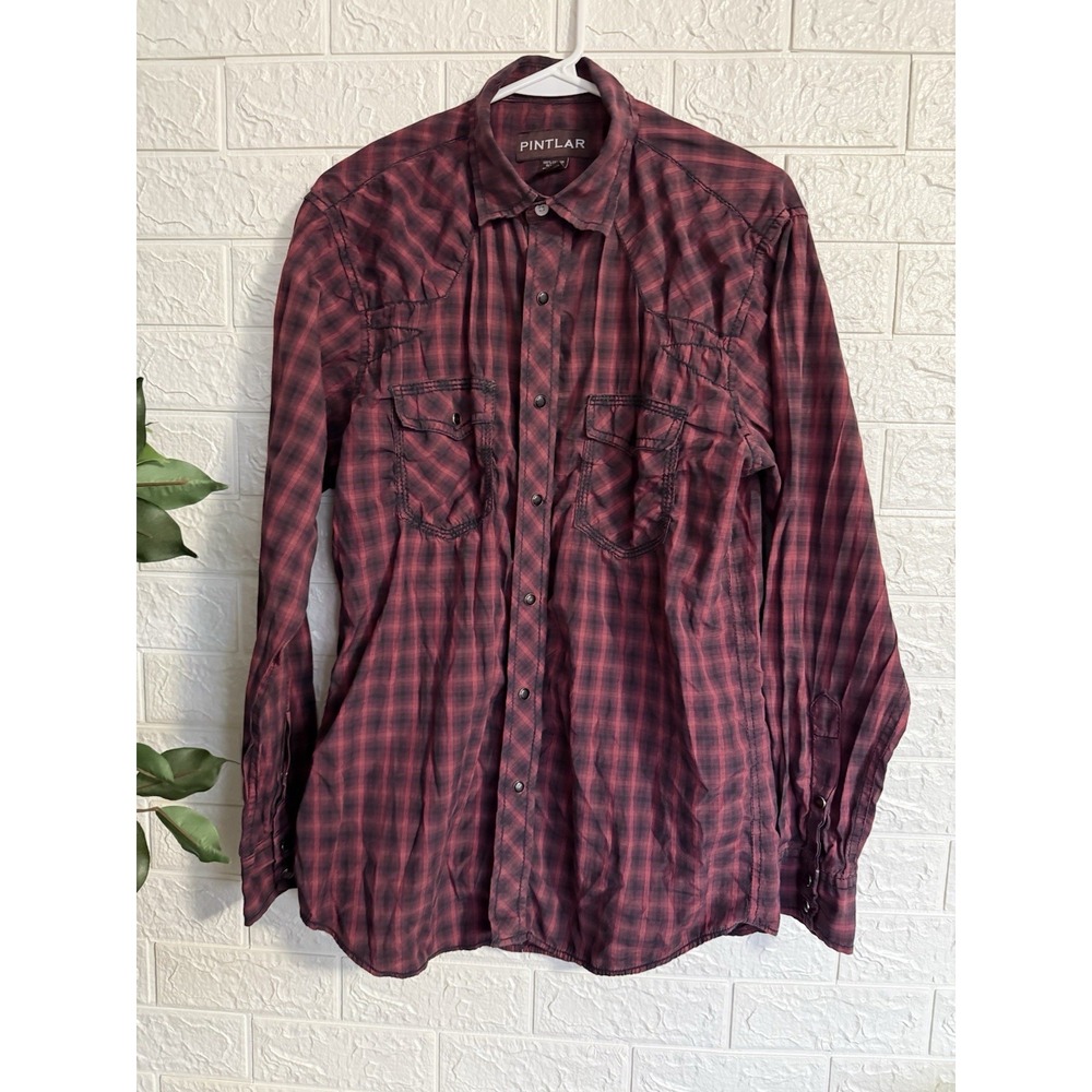 Pintlar Mens Western Shirt Red Plaid Pearl Snaps Long Sleeve Size M
